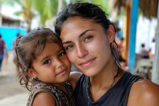 Young woman hugging a little girl showing love