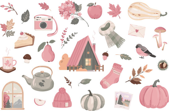 Cozy autumn clipart collection with cottage, pumpkins, mushrooms, leaves, flowers, teapot, pie, camera, bird and warm accessories in a soft pastel pink palette.