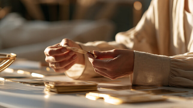 Cropped shoulder to waist view of a tarot reader holding one original card above a pale desk soft linen cuffs and gold edged deck in clear focus with an airy cream interior