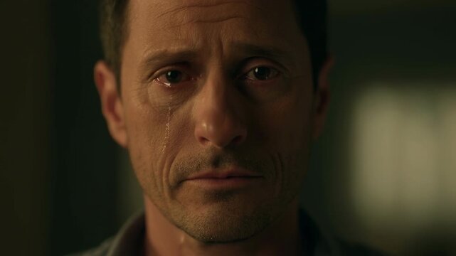 Middle-aged man faces camera while tear rolls down his cheek, maintaining subdued expression in tight portrait against dark blurred interior with warm soft side lighting