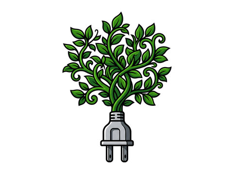 Green energy concept illustration with leaves growing from electrical power plug on white background for renewable resources and eco friendly technology symbol for sustainable environment movement.