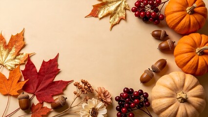 Fototapeta premium Cozy autumn harvest halloween border frame, vibrant orange and white pumpkins, ivory soft apricot flowers, maple leaves with metallic gold accents, acorns, red berry sprigs, copy space, beige backdrop