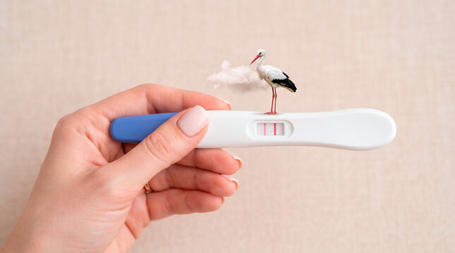 Hand holding a positive pregnancy test with a small stork standing on top of the test result