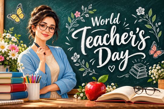 A smiling female teacher stands by a chalkboard celebrating World Teachers' Day with colorful flowers and butterflies during a bright day