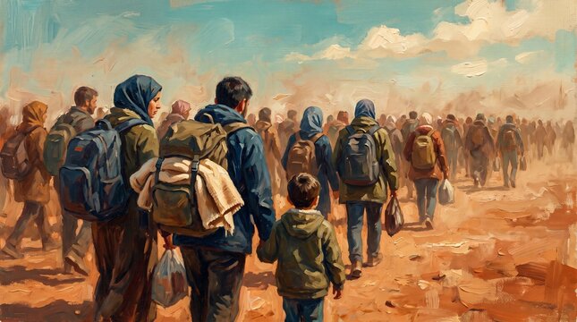 Refugee family walking across dusty desert landscape with heavy backpacks