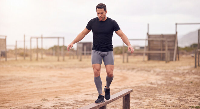 Determined young man running and balancing on a low wooden beam during an outdoor obstacle course mud run event on a sandy field