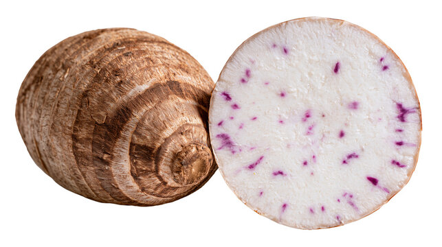 Raw taro whole and sliced isolated on transparent background