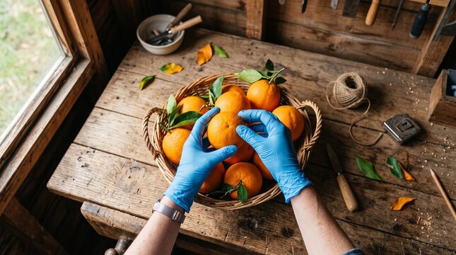 Sliced orange, holding cut orange, orange half, Worker with White Gloves Displaying Juicy Sliced Orange Half to Camera Warm Tone South Korea, sliced orange, orange half, orange, fruit, displaying