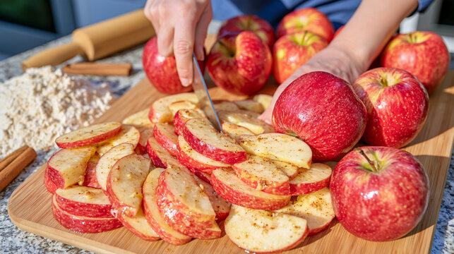 Over-the-shoulder close-up of hands cutting freshly washed red apples on a wooden board, crisp apple slices accumulating beside the knife, flour, cinnamon sticks and wooden rolling pin visible acros