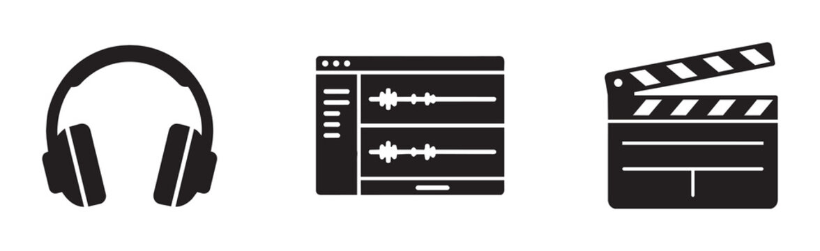Audio Production Icons: Headphones, Sound Wave Editor, Clapperboard. Media creation symbols for music, film, and podcasting.