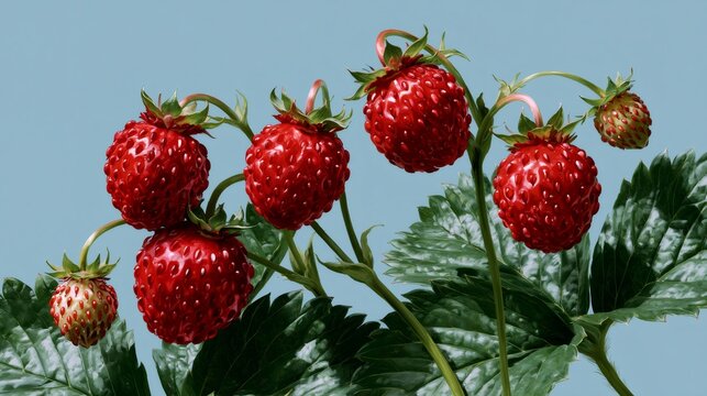Wild strawberries growing on plant with green leaves