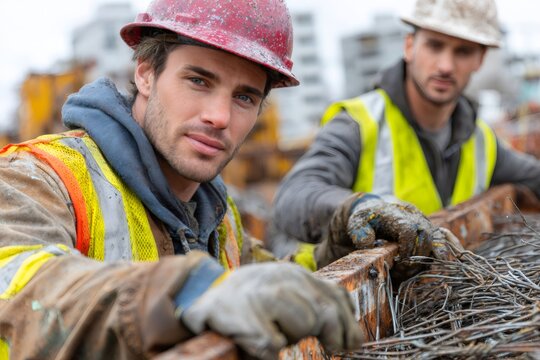 Construction workers sorting scrap metal on job site