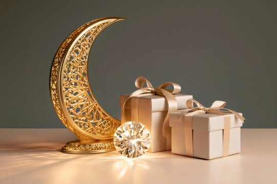 Golden crescent moon, diamond, and gifts celebrating eid mubarak