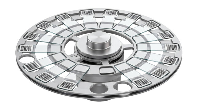 Precision machined industrial stainless steel rotary encoder disc or sensor wheel. High accuracy engineering motion control hardware. Isolated on transparent background.