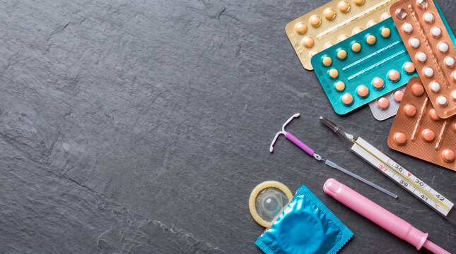 Assorted birth control methods and medical tools arranged on a dark textured slate background