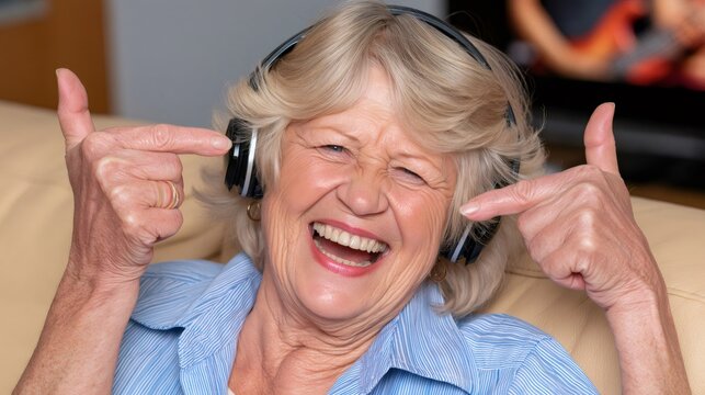 Senior woman enjoying music and laughing with headphones