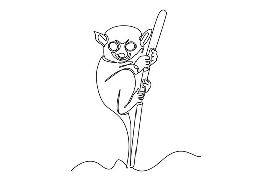 Continuous one line drawing a nocturnal tarsier clinging vertically to a thin tree bamboo branch, featuring its large round eyes and cute profile. Single line draw design vector graphic illustration