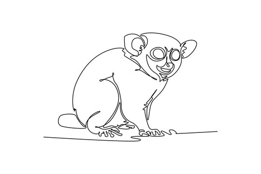 Continuous one line drawing animal tarsier sitting alertly. Nocturnal rainforest wildlife, tropical jungle creature, and endangered primate species. Single line draw design vector graphic illustration