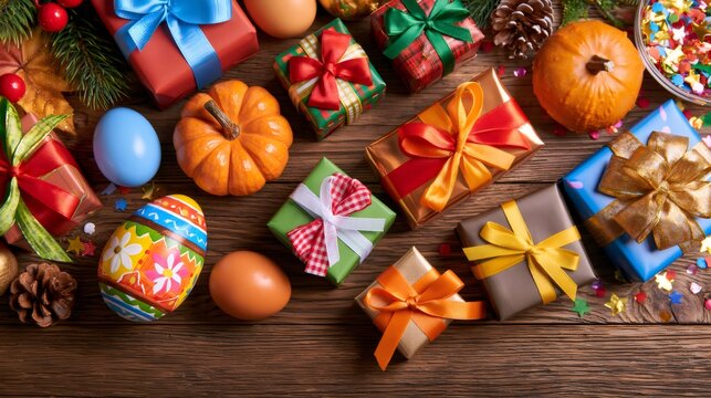 Holiday celebration background with gifts, pumpkins, and easter eggs