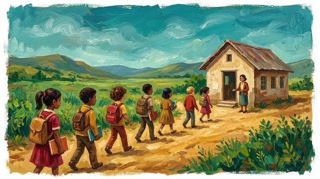 Children walking to rural school building with teacher waiting outside
