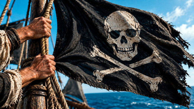 Hands raising a skull and crossbones pirate flag aboard a sailing ship at sea. Pirate ship rigging over open water. Piracy, seafaring and maritime adventure concept. Nautical symbolism.