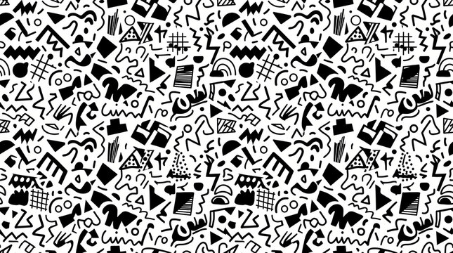 Seamless pattern in 90s memphis style with black abstract geometric shapes, scribbles and line art doodle elements