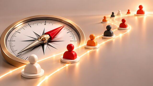 Customer journey mapping and strategic direction visualized by golden compass guiding diverse user profiles along glowing path to success