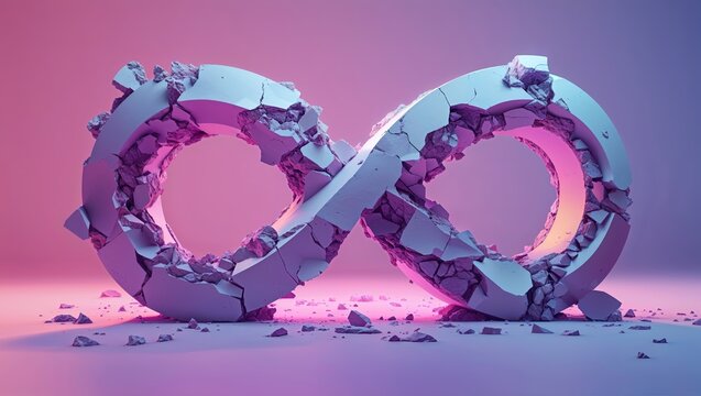Cracked and Shattered Infinity Symbol Standing on Surface in a Dreamlike Ambiance