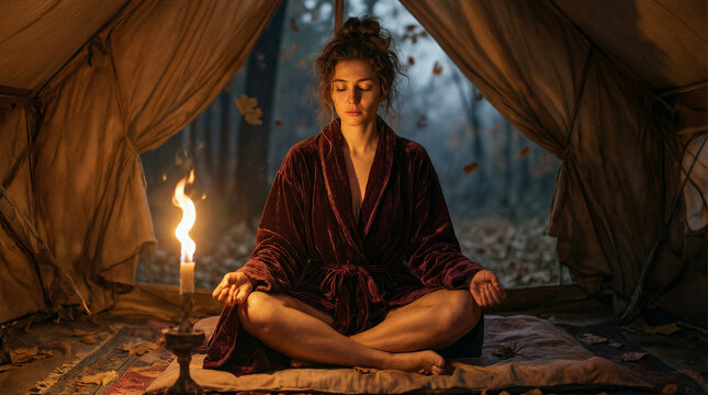 Lotus position meditation by young woman in velvet trimmed robe sitting inside candlelit glamping tent with flickering flame