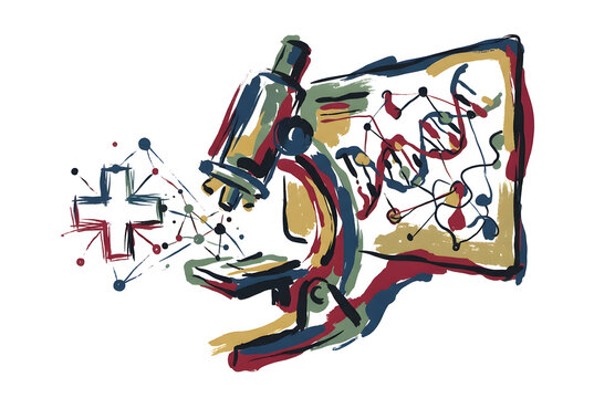 Artistic sketch of microscope with dna helix and medical cross