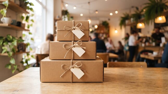 Stack of three brown kraft cardboard boxes with blank white mockup tags tied with string on wooden table in a blurry warm cafe background for small business product packaging concept