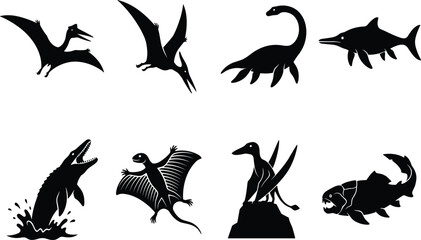 Prehistoric Marine and Flying Reptile Silhouette Set with Pterosaur, Plesiosaur, Ichthyosaur and Mosasaur © MdSabbir
