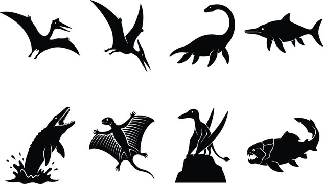 Prehistoric Marine and Flying Reptile Silhouette Set with Pterosaur, Plesiosaur, Ichthyosaur and Mosasaur