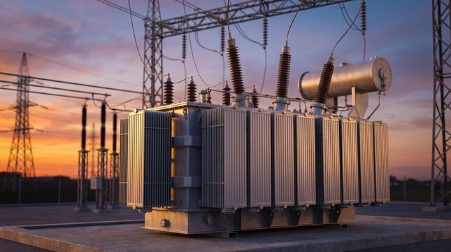 High voltage power transformer with ceramic bushings at electrical substation during warm sunset with transmission towers behind
