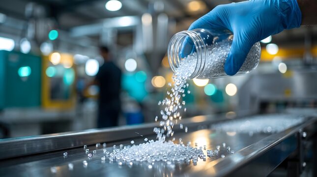 Clear plastic resin pellets pouring from glass jar onto metallic conveyor.