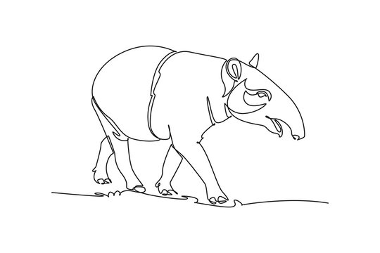 Single one line drawing wild tapir walking, portraying tropical rainforest wildlife, endangered species conservation, biodiversity protection. Continuous line draw design graphic vector illustration