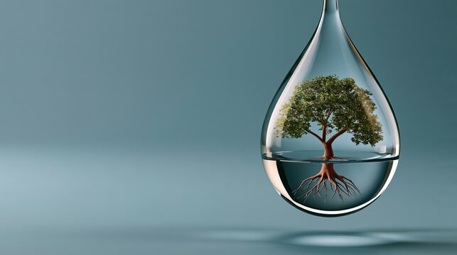 Water droplet floating in mid-air containing a miniature tree inside, surreal concept photo with copy space