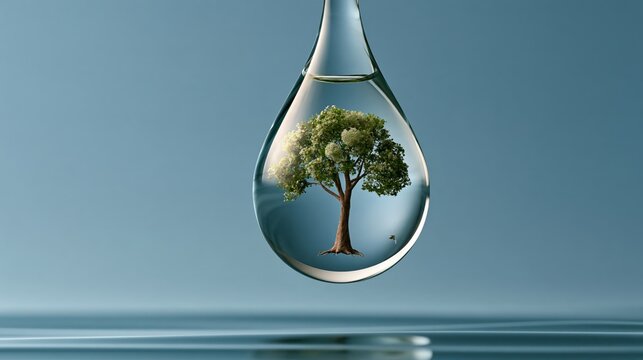 Water droplet floating in mid-air containing a miniature tree inside, surreal concept photo with copy space