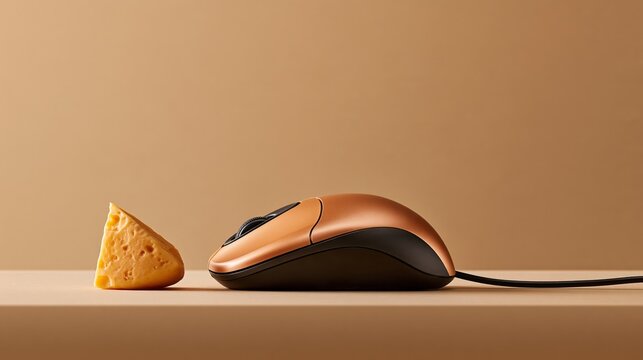 Computer mouse with a tiny piece of cheese beside it like a trap, whimsical tech photo with copy space