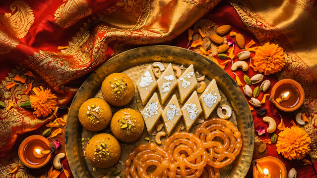 Traditional Indian Diwali sweets on brass thali with diyas, marigold flowers and dry fruits, festive flatlay on red cloth.