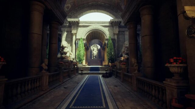 shadowed corridor framed by classical columns, warm torchlike glow, aged bronze statues and textured stone surfaces, deep shadows and pockets of light create