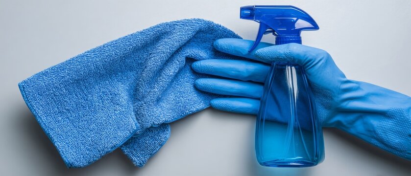 A hand wearing a blue rubber glove holds a blue spray bottle next to a blue microfiber cloth against a plain background.