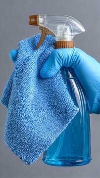 A hand in a blue glove holds a spray bottle filled with blue liquid and a blue microfiber cloth against a grey background.