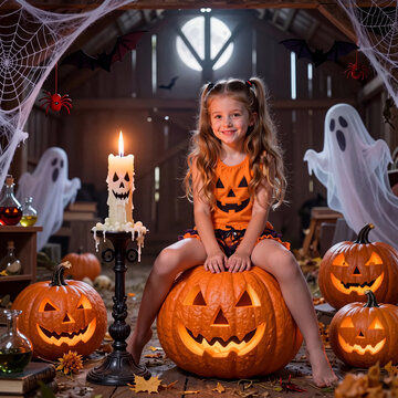 Adorable little girl in a vibrant pumpkin costume joyfully celebrates Halloween, sitting on a glowing jack-o'-lantern amidst spooky decorations.