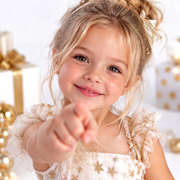 Close-up portrait of a happy blonde child wearing a glittery gold dress, smiling and pointing towards the viewer, surrounded by festive decorations.