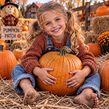 A joyful blonde girl with pigtails holding a large orange pumpkin, smiling brightly in a rustic autumn pumpkin patch setting.