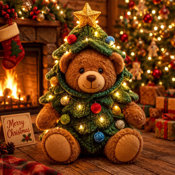 A heartwarming scene featuring a plush teddy bear, dressed as a festive Christmas tree, glowing brightly in front of a warm, decorated fireplace.