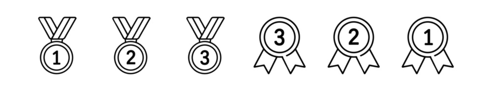 Set of first second and third place award medals and ribbons outlined style vector icons for achievement recognition and competition prizes on transparent background