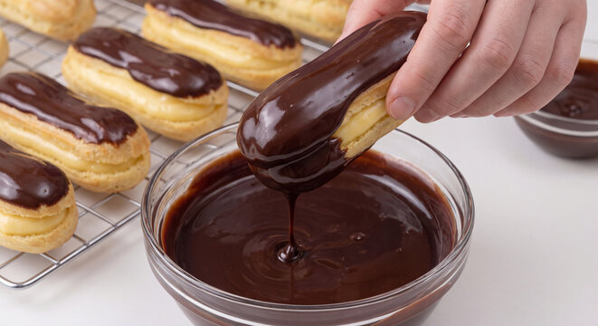 Hands of a baker dipping the top of a filled French eclair into a bowl of glossy melted chocolate glaze on kitchen counter.