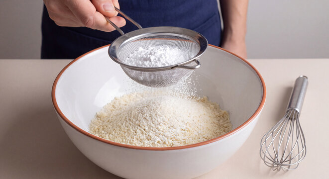 Baker using a fine metal sieve to sift white wheat flour into a ceramic bowl on a wooden countertop during baking preparation